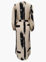 Brush Pattern Round Neck Lantern Sleeve Belted Dress A4