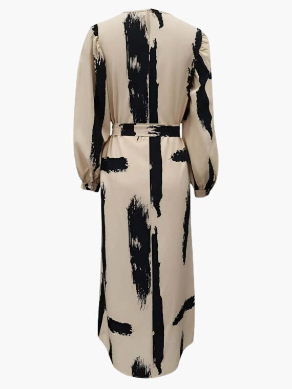 Brush Pattern Round Neck Lantern Sleeve Belted Dress A4