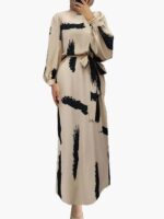 Brush Pattern Round Neck Lantern Sleeve Belted Dress A4