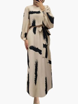 Brush Pattern Round Neck Lantern Sleeve Belted Dress 2